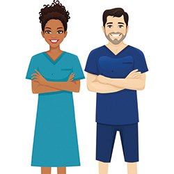 Illustration showing a female nurse in a short-sleeved uniform and a male nurse in shorts