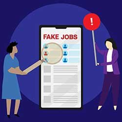 Illustration showing a nurse looking at list of adverts for fake jobs – foreign nurses are advised to beware employment scams that seem to offer attractive deals to move to the UK
