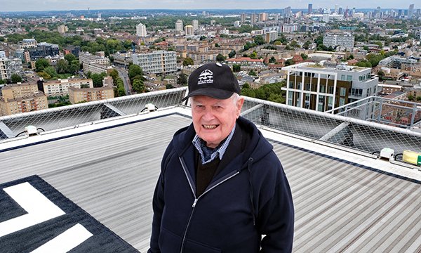 Colin Bell on the helipad from which he will abseil down the Royal London Hospital