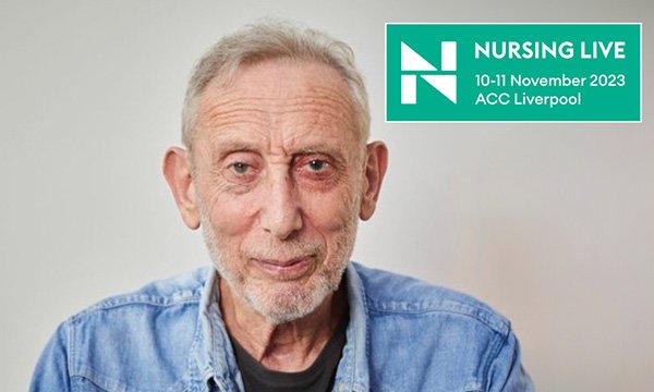Poet Michael Rosen, Nursing Live logo with dates and venue inset