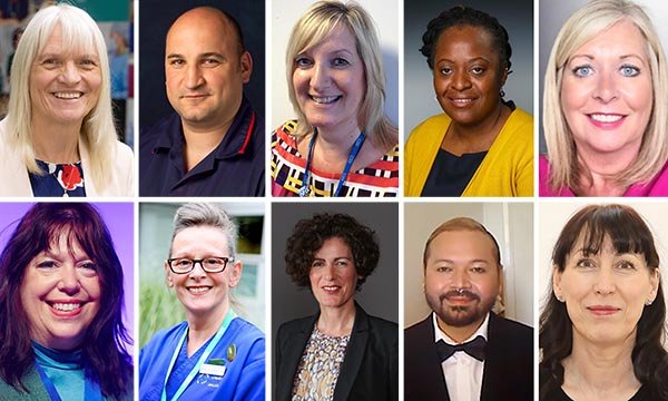 Collage image showing ten of the nurses named in the new year honours list, including, clockwise from top left Denise Chaffer, James McLean, Debbie Brown, Lorraine Sunduza, Wendy Herbert, Debbv Veigas, Marino Latour, Nicki Paterson, Sharon Manning and Jessica Davidson