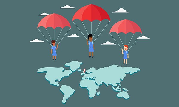 Illustration showing nurses parachuting into different countries, including the UK