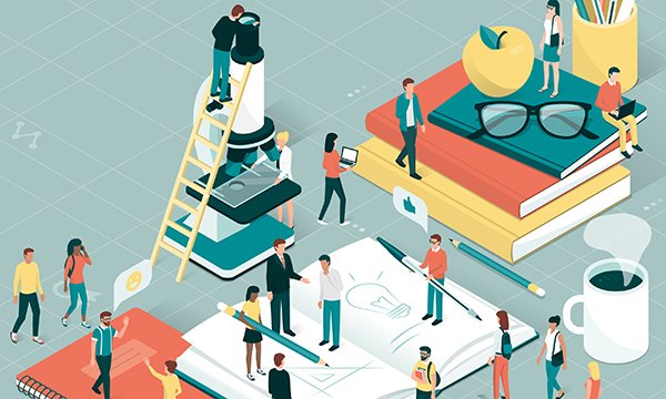 Illustration depicts tiny human figures on a giant-sized desk, representing cooperation on research tasks. A cancer charity is inviting nurses to a free day of learning about the latest research while networking with colleagues. 
