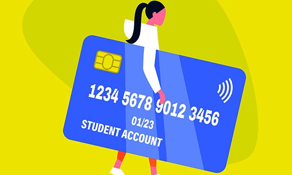 Illustration of student carrying an oversized credit card