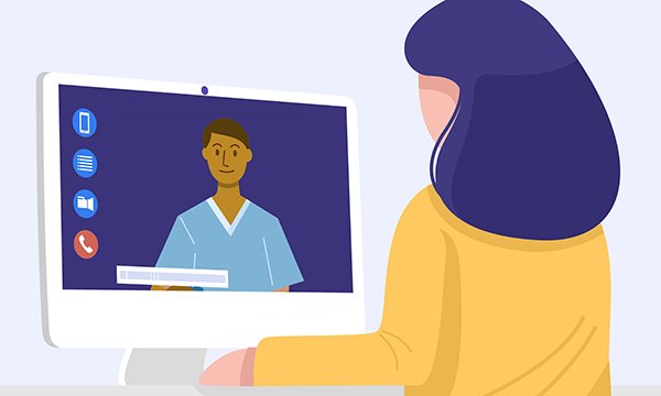 Illustration showing a patient at home participating in a video consultation with a nurse