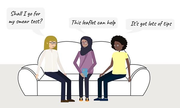 Illustration of mental health service users discussing cervical screening with healthcare professionals