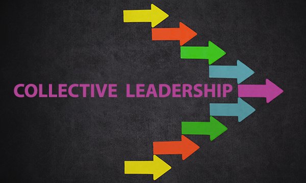 A group of multi-coloured arrows, all pointing the same way, in front of the words ‘collective leadership’. Picture: iStock