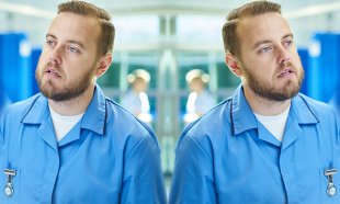 Split screen photograph of nurse being pulled in two different directions