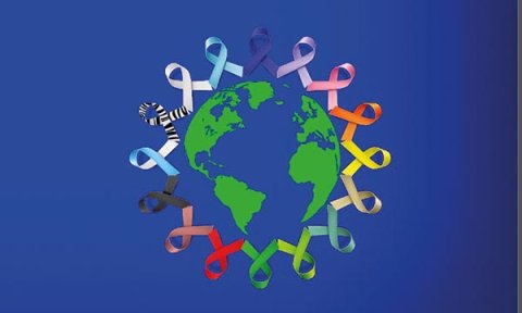 Global cancer icon showing ribbons around a map of the world