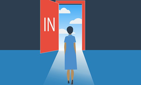 Illustration showing a nurse standing in front open an open door with the sign 'In', choosing to opt in to a clinical placement