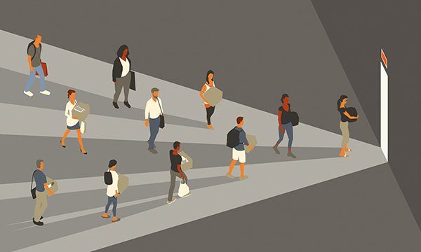 An illustration of different workers, some holding boxes all heading towards the exit: many mental health nurses are leaving the profession early