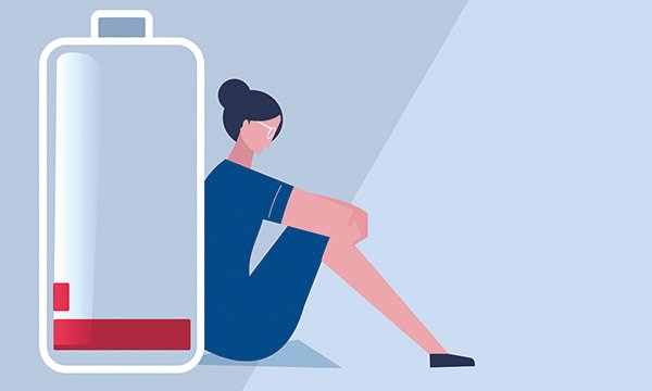 Illustration of nurse sitting on the floor, leaning against a near-empty battery – a metaphor for burnout in nursing