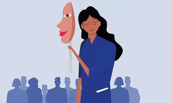 Illustration of a nurse looking down and demotivated, holding a mask showing a brave face, which she is putting on her own face