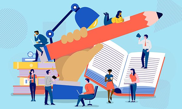 Illustration depicting teamwork for researching and writing an academic article: with various figures researching, talking and thinking around a pile of books and a huge pencil to write with
